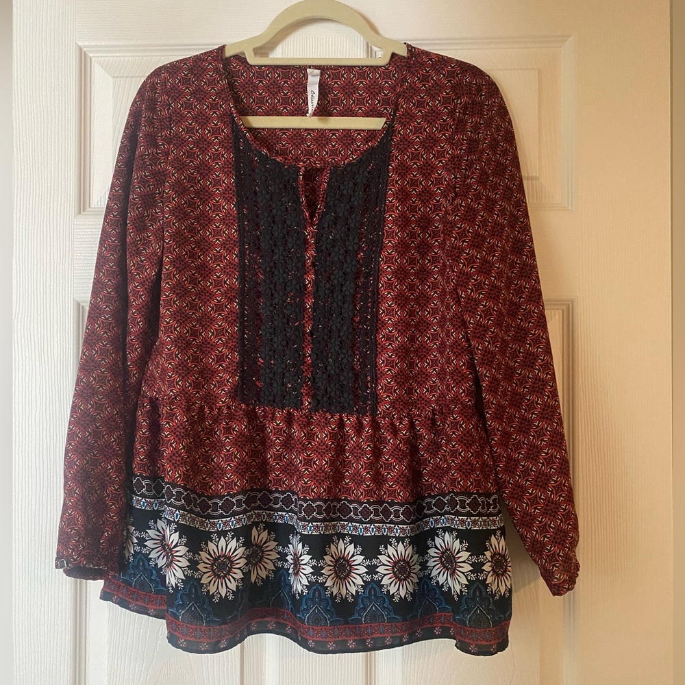 NY Collection Women's Keyhole Lace-Trim Peasant Top